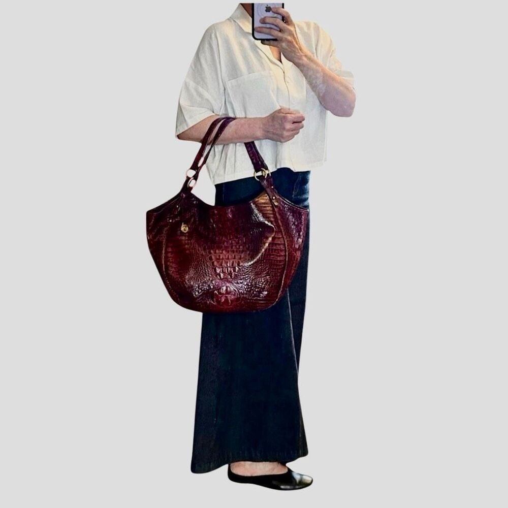 Brahmin Jacqueline Melbourne Fig Croc Embossed Wine Hobo Shoulder Bag Tote Gold - Picture 5 of 16